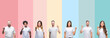 Collage of different ethnics young people wearing white t-shirt over colorful isolated background showing and pointing up with finger number one while smiling confident and happy.