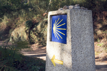 Wall Mural - Camino de Santiago milestone with blurred path. Way of St. James