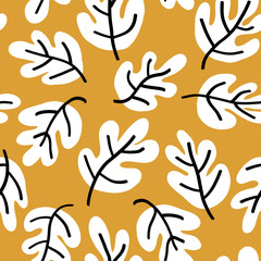 Wall Mural - Autumn leaves vector seamless pattern. Oak leaf seaonal background white, black, and gold for textile, digital paper, wallpaper, web banner, invitation, Thanksgiving, page fill, card, packaging