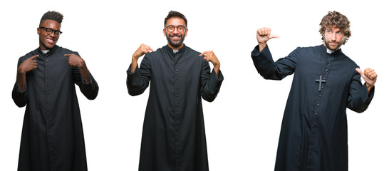 Wall Mural - Collage of christian priest men over isolated background looking confident with smile on face, pointing oneself with fingers proud and happy.