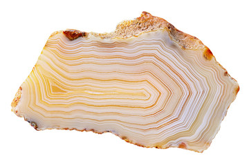 Amazing Banded Agate Crystal cross section cut isolated on white background. Natural light translucent agate crystal surface. Yellow orange abstract expressive structure slice mineral stone macro clos