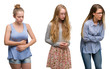 © Krakenimages.com - Collage of group of blonde women over isolated background with hand on stomach because nausea, painful disease feeling unwell. Ache concept.