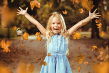 Cheerful Little Girl In An Autumn Colorful Park