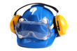 Ochrona głowy wzroku i słuchu zawierająca niebieski hełm ochronny ochronniki słuchu i gogle przeciwodpryskowe