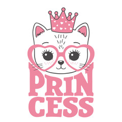 Cute little cat face with pink crown, heart glasses. Princess slogan. Vector illustration for children print design, kids t-shirt, baby wear