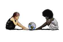 Racial Prejudice. A Digital Illustration With A Caucasian Child Sitting In Front Of A Black Child Looking At A Globe. Concept Of Racial Prejudice And Discrimination.