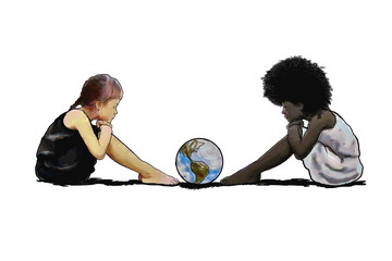 Racial prejudice. A digital illustration with a Caucasian child sitting in front of a black child looking at a globe. Concept of racial prejudice and discrimination.