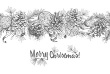 Christmas Seamless Garland Realistic Botanical Ink Sketch Of Fir Tree Branches With Pinecone Isolated On White