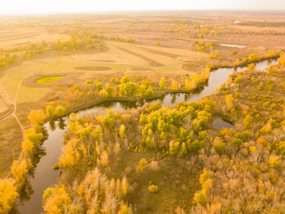 aerial summer landscape field with trees and grass, lakes and rivers panorama f