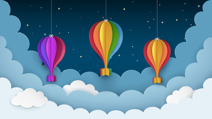 Colorful hot air balloons, stars and clouds on the dark night sky background. Night scene background. Hanging paper crafts with ribbons and bows. Paper cut style. Vector Illustration.