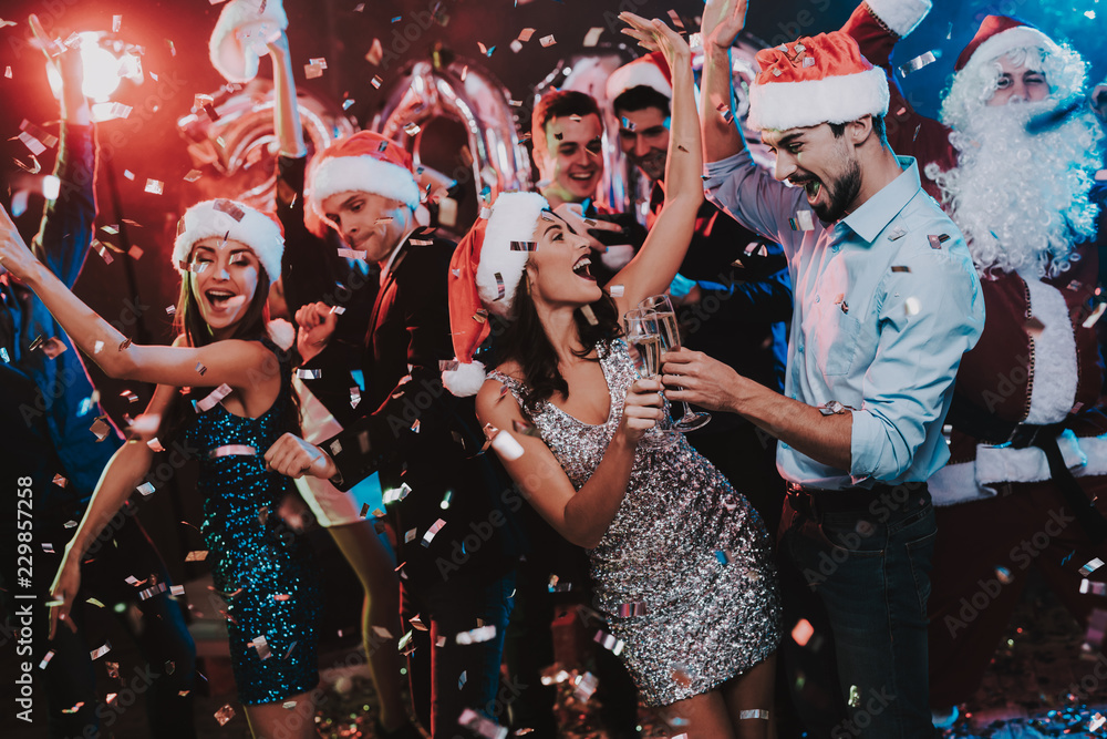 Happy Young People Dancing on New Year Party. - obrazy, fototapety, plakaty 