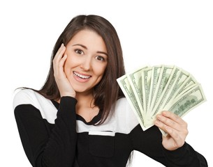 Poster - Pretty young business woman holding money isolated on white