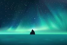 Dark Rock Against Northern Lights Landscape With Stars, Starry Sky With Polar Lights, Mountain In Fog, Vector Illustration