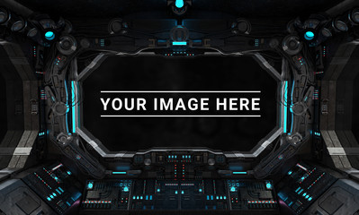 Poster - Dark spaceship interior with large window view 3D rendering