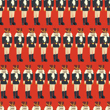 Nutcracker Seamless Vector Christmas Pattern Background. Merry Christmas Pattern With Illustrated Nutcrackers In A Row On Red. Seasonal Christmas Design For Gift Wrap, Fabric, Cards, Invitation, Kids