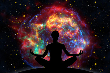 Wall Mural - Female yoga figure against  universe background with Supernova explosion.