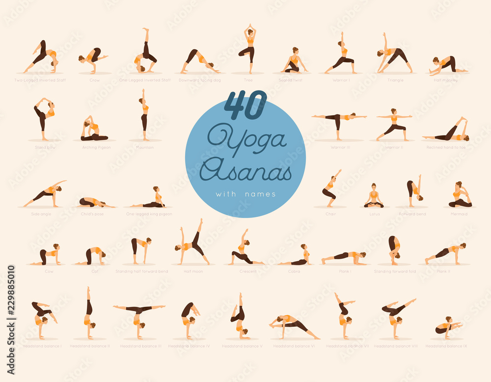 40 Yoga Asanas with names - obrazy, fototapety, plakaty 
