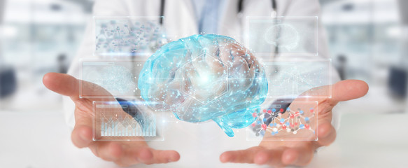 Poster - Doctor using digital brain scan hologram 3D rendering