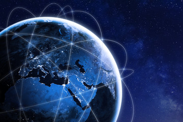 global connectivity concept with worldwide communication network connection lines around planet eart