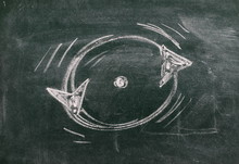 Circular Arrows, Endless Repeating Cycle Drawn On Chalkboard, Blackboard Background And Texture