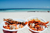 Fototapeta Na sufit - Seafood seafruit on the paradise beach island white sand blue ocean sea