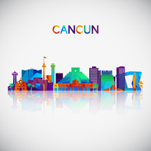 Cancun Skyline Silhouette In Colorful Geometric Style. Symbol For Your Design. Vector Illustration.