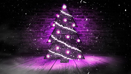 Christmas tree with lights on the wooden floor, lights, lights, lights, glare, smoke. Christmas tree made of wood, New Year's loft, light object, interior decor. Abstract dark background, night view, 