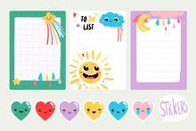 Set Of Three Vector Planners, And Six Heart Stickers. All Elements Are Isolated