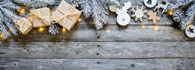 Christmas Wooden Natural Decoration Ornament Wide Horizontal Banner With Copyspace
