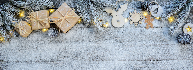 Wall Mural - christmas wooden natural decoration ornament wide horizontal banner with copyspace and snow