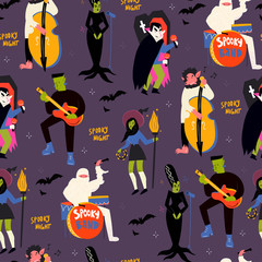 Wall Mural - Various spooky music artists. Halloween hand drawn vector seamless pattern. Dark background