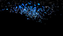 Blue Stars On A Black Background, Glitter, Blue Bokeh Lights, Top View, Copy Space, Night Party Invitation Or Festive Background