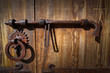 Wooden vintage door with latch rusty lock