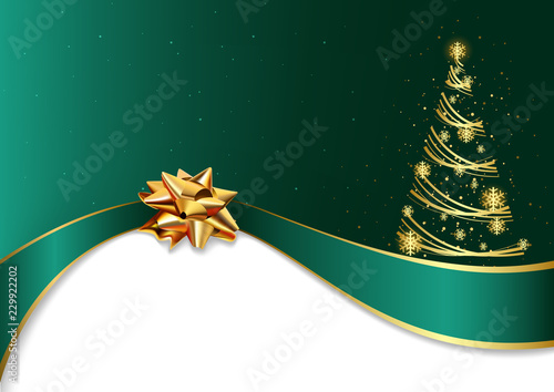 Green Christmas Background with Golden Bow and Abstract Christmas Tree - Fest...