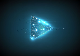 Play video. Low poly wireframe art on dark background. Video, movie, player or other concept illustration or background. Polygonal illustration with connected dots and polygon lines. 3D vector 
