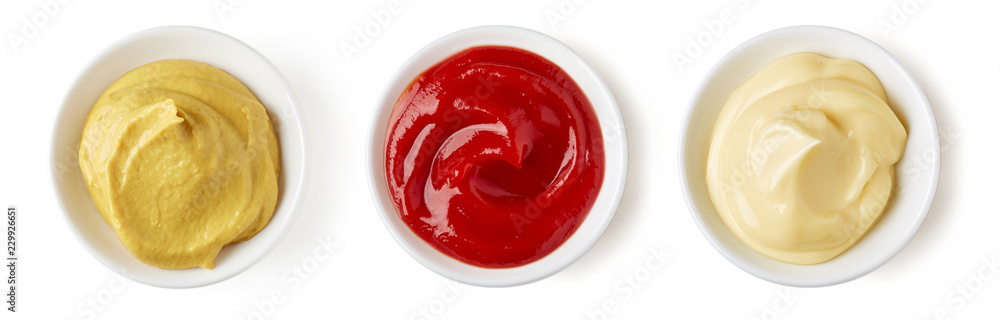 Ketchup mayonnaise and mustard isolated on white, from above - obrazy, fototapety, plakaty 
