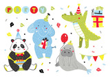 Fototapeta Dinusie - Hand drawn birthday party animals. Colored vector set. All elements are isolated