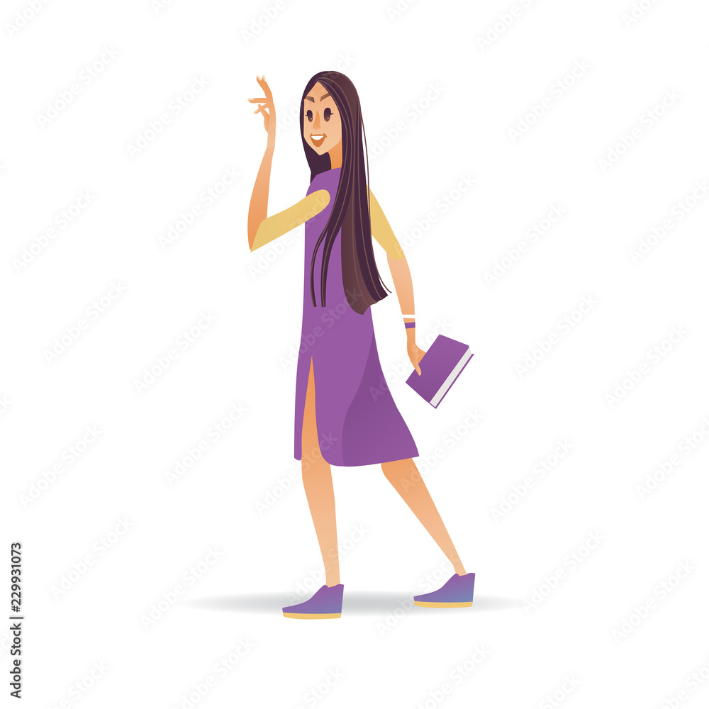 Young woman waving hand while walking - cartoon smiling girl with book  greeting or saying goodbye isolated on white background. Female character  with welcoming gesture in vector illustration. Stock Vector | Adobe Stock, image size:1000x1000