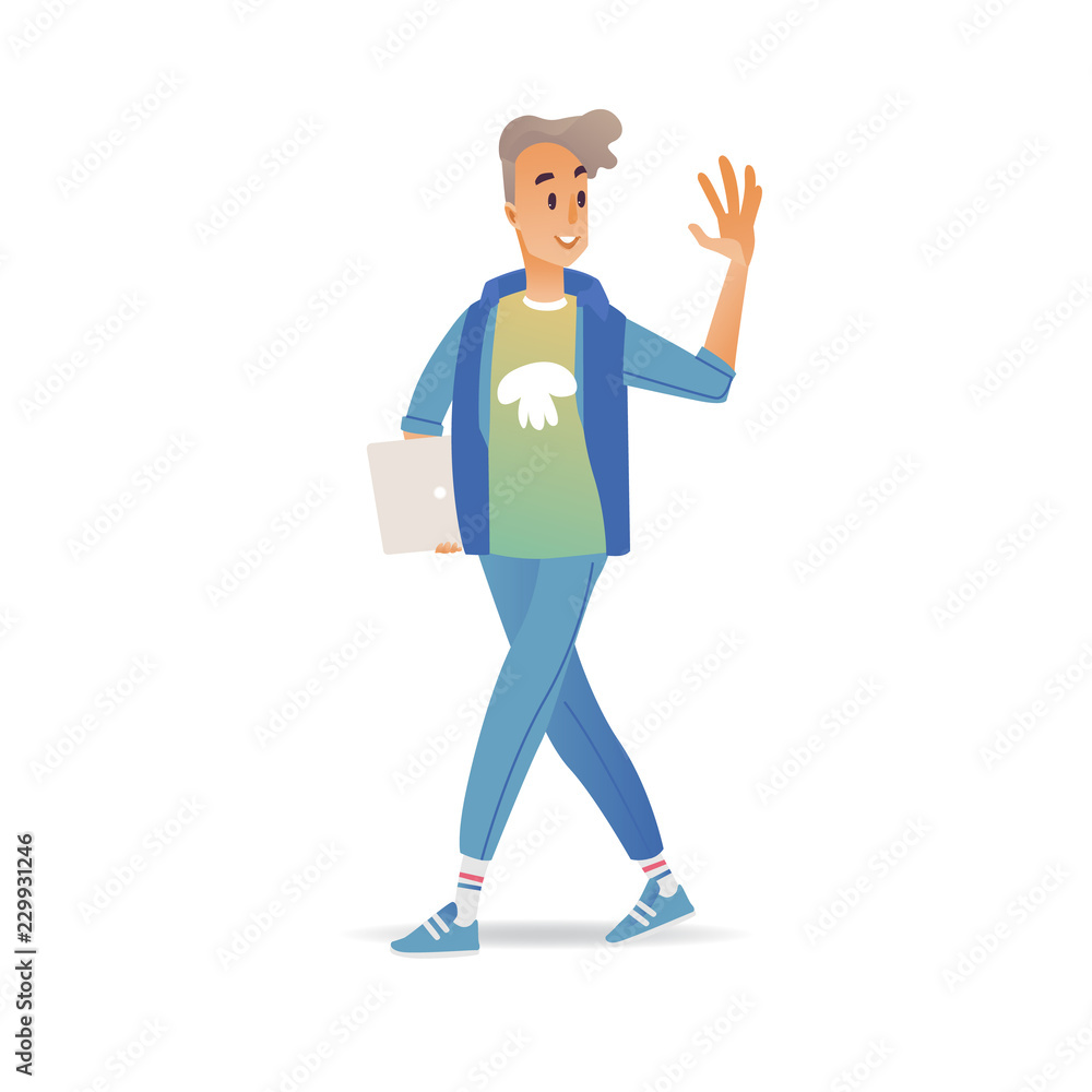 Young man waving hand while walking - cheerful smiling boy with laptop  greeting or saying goodbye isolated on white background. Cartoon male  character with welcoming gesture in vector illustration. Stock Vector |, image size:1000x1000