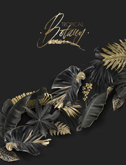 Wall Mural - Vector banner with diagonal black and gold tropical leaves on dark background. Luxury exotic botanical design for cosmetics, spa, perfume, aroma, beauty salon. Best as wedding invitation card