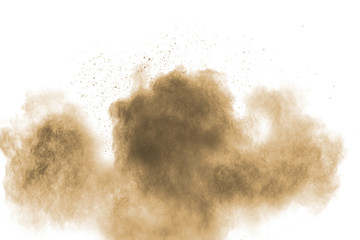 Wall Mural - Brown particles splattered on white background. Brown dust splashing.