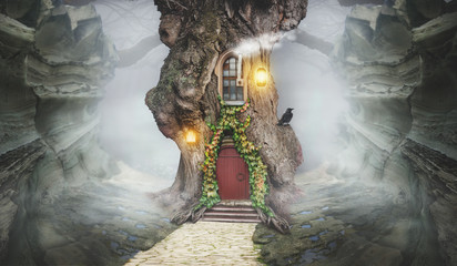 Wall Mural - Fairy tree house in fantasy rocks