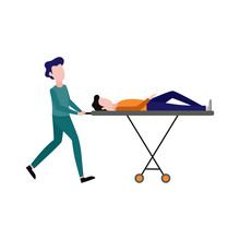 First Aid, Emergency And Medical Rescue Concept With Female Nurse In Medical Uniform Pushing Gurney With Lying Male. Vector Women Doctor Helping Injured Man Patient