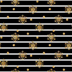 Wall Mural - christmas gold snowflake seamless pattern. golden glitter snowflakes on black white lines background