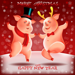 Two cheerful little piggies. Chinese New Year. The year of the pig. Handmade drawing vector illustration. Can be used for posters, banners, illustrations, children's books etc.