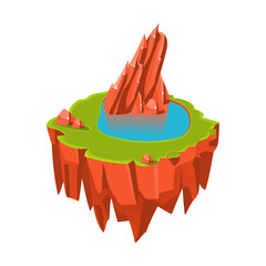 Poster - Cartoon Orange Stone Isometric Island with Lake and Cliff for Game, Vector Illustration