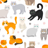 Fototapeta Pokój dzieciecy - Cat background, seamless pattern. Vector flat illustration. Kitty, Pets.