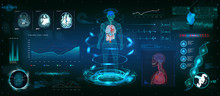 MRT Futuristic Scanning In HUD Style Design, Human Body, Organs And Brain Scan With Pictures. Hi-tech Elements. Virtual Graphic Touch HUD UI With Illustration Of DNA Formula, Cardiogram And Data Chart