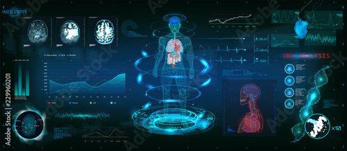 Photographie MRT futuristic scanning in HUD style design, Human body, organs and brain scan with pictures