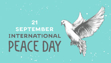 Vector Card With Hand Drawn Unique Typography Design Element For Greeting Cards, Decoration, Prints And Posters. International Peace Day With Sketch Of Dove.